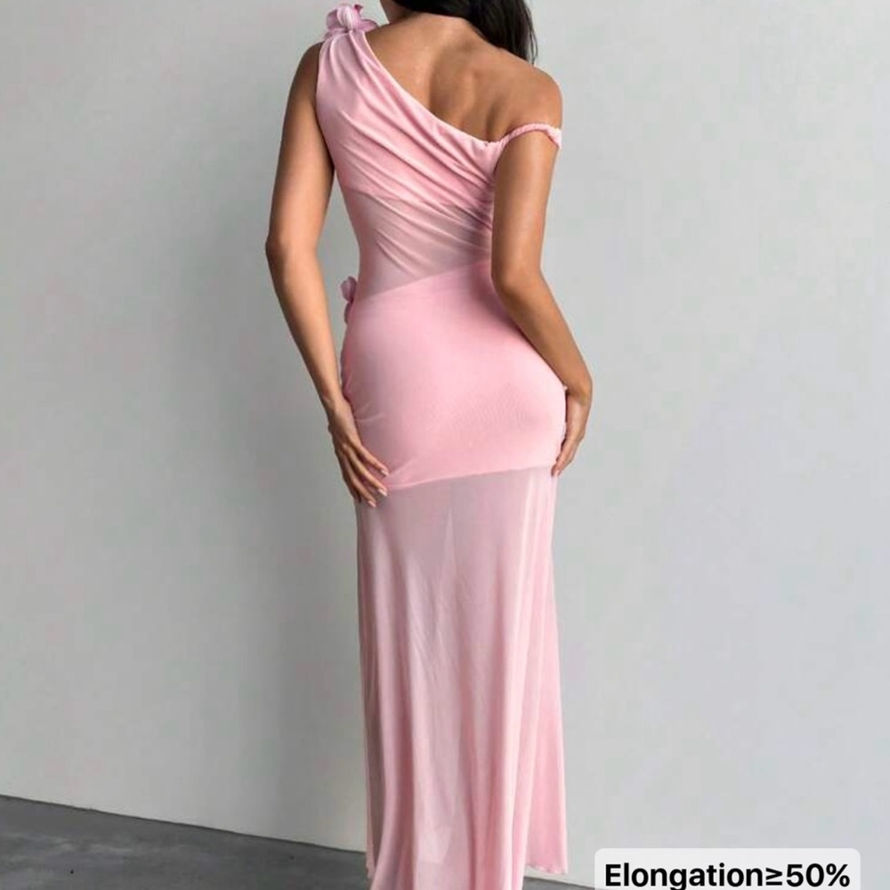 SHEIN Pink One-Shoulder Mesh Bodycon Dress with Floral Accent - Picture 2 of 6